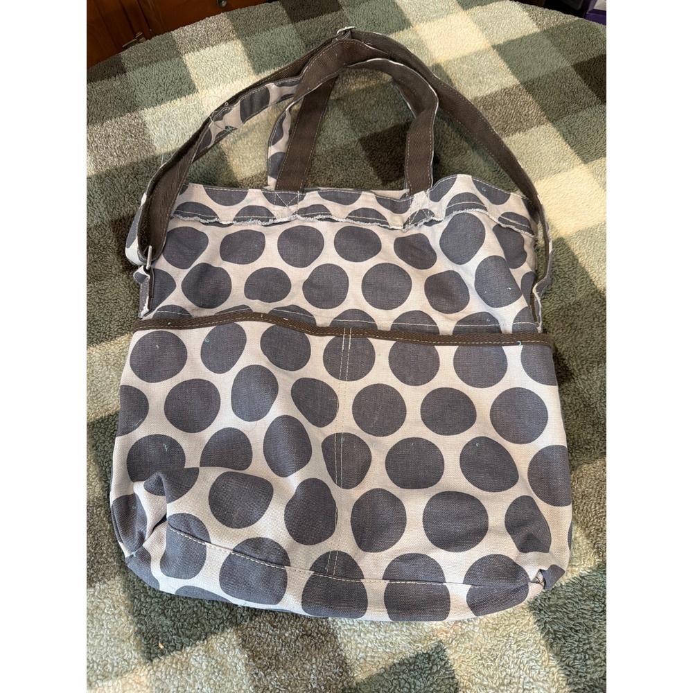 Thirty-One Retro Metro Canvas Tote Bag Grey White Polka Dot Large Shoulder Bag